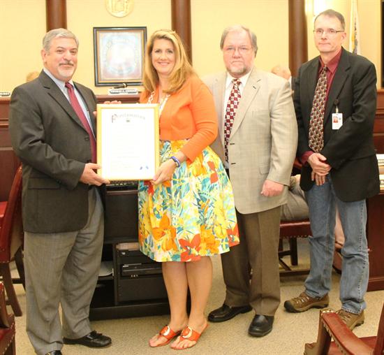 Freeholder Deputy Director Serena DiMaso presented a proclamation proclaiming the month of May as “Lyme Disease Awareness Month” to (from left to right) Mosquito Extermination Commission members Anthony Trocchia, Jr., Board of Commissioners president, Douglas Guthrie, Sr., Superintendent and Robert Jordan.